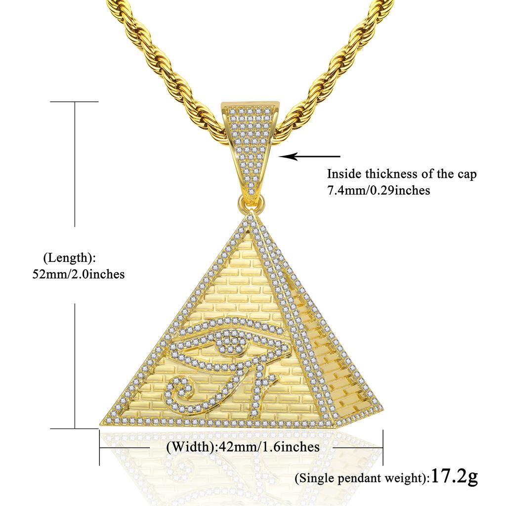 Brass Full CZ Horus Eye Pyramid Pendant Gold Plated Egyptian Symbol Hip Hop Jewelry