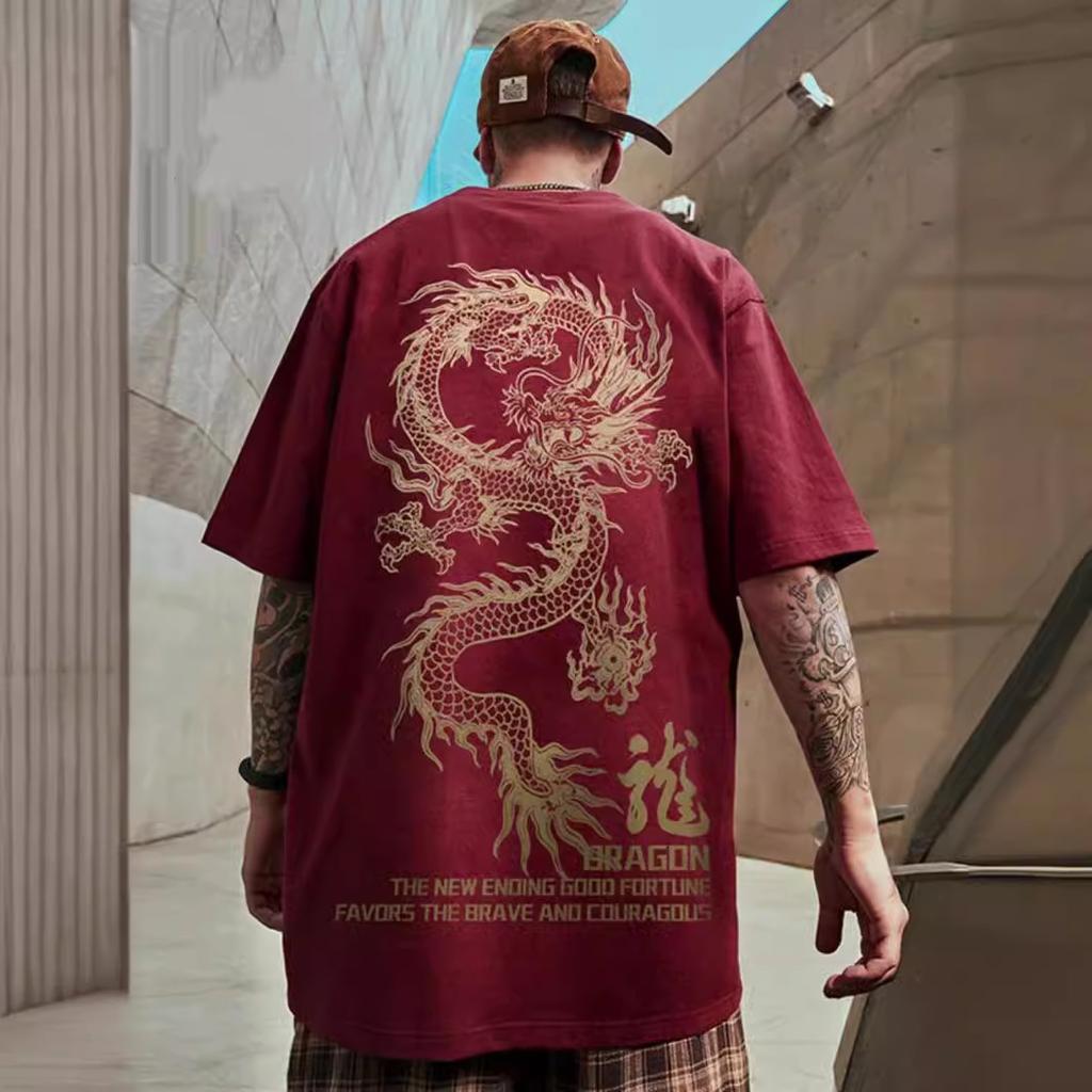 New Chinese Wind Year of the Dragon Printed Short-sleeved T-shirt Men Loose Big Yards Street Hip-hop Five Half-sleeved Tops