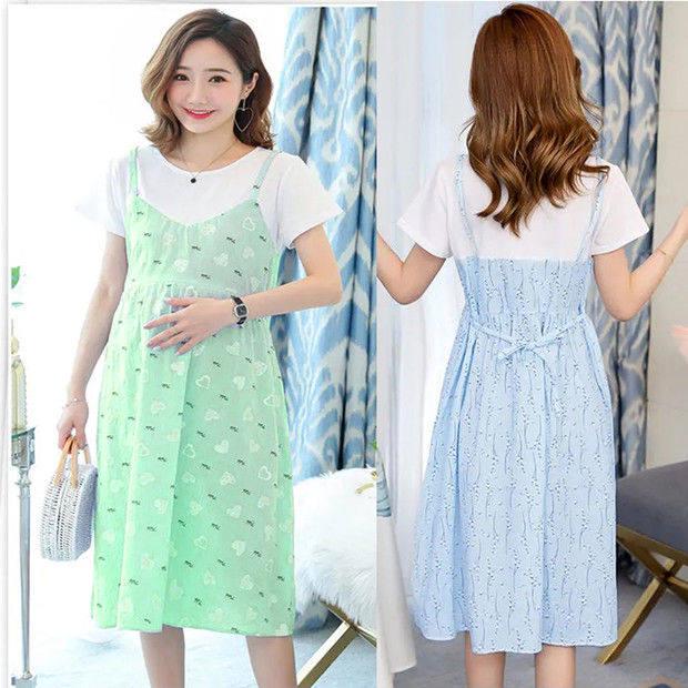 2025 Celebrity-Inspired Maternity Summer Two-Piece Patchwork Dress - Short Sleeve, Mid-Length, Loose Fit