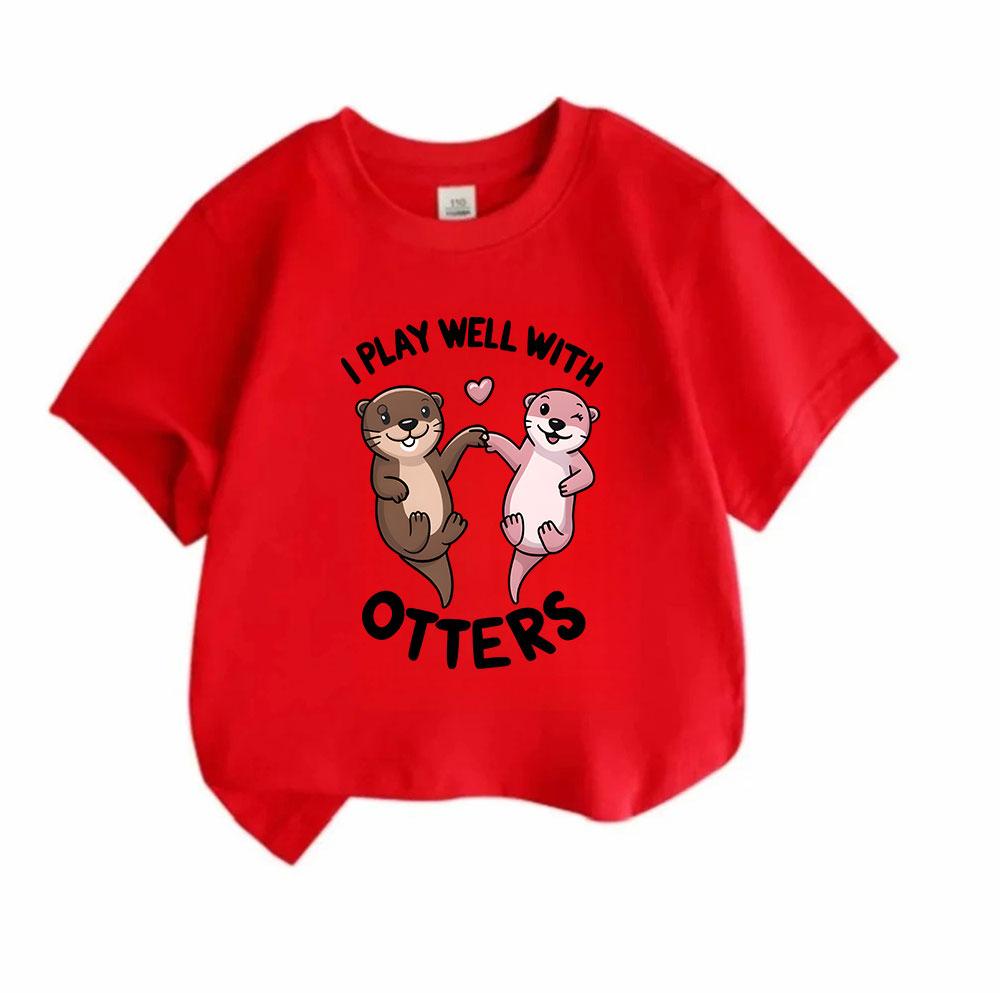 Kids Boys Girls 100% Cotton Crew Neck Short Sleeve T-Shirt Cute Cartoon Otters Couple Funny I Play Well With Otters Casual Lightweight Comfortable Gra