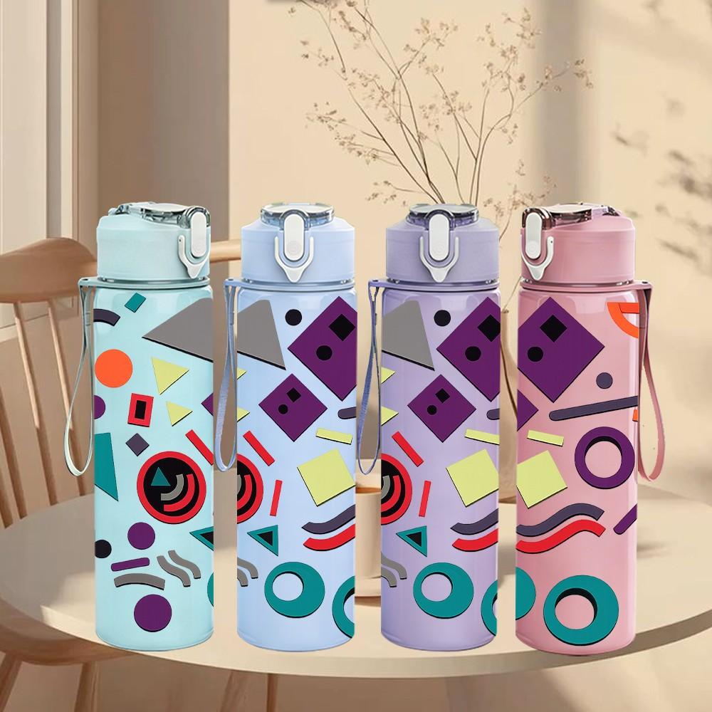 1PC Colorful Geometric Shape Doodle Print 750ml Color Plastic Sports Water Bottle Leakproof Flip Straw Lid Suitable for Sports Office Home Use
