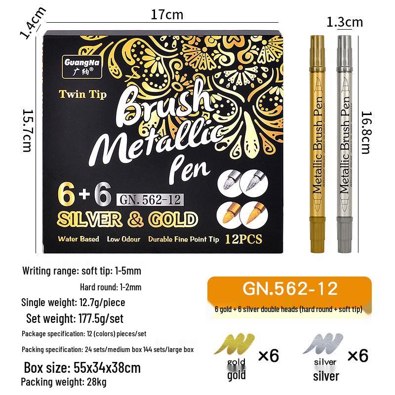 Guangna 562 Double-Ended Metallic Highlighter Set: Gold & Silver Paint Craft Markers