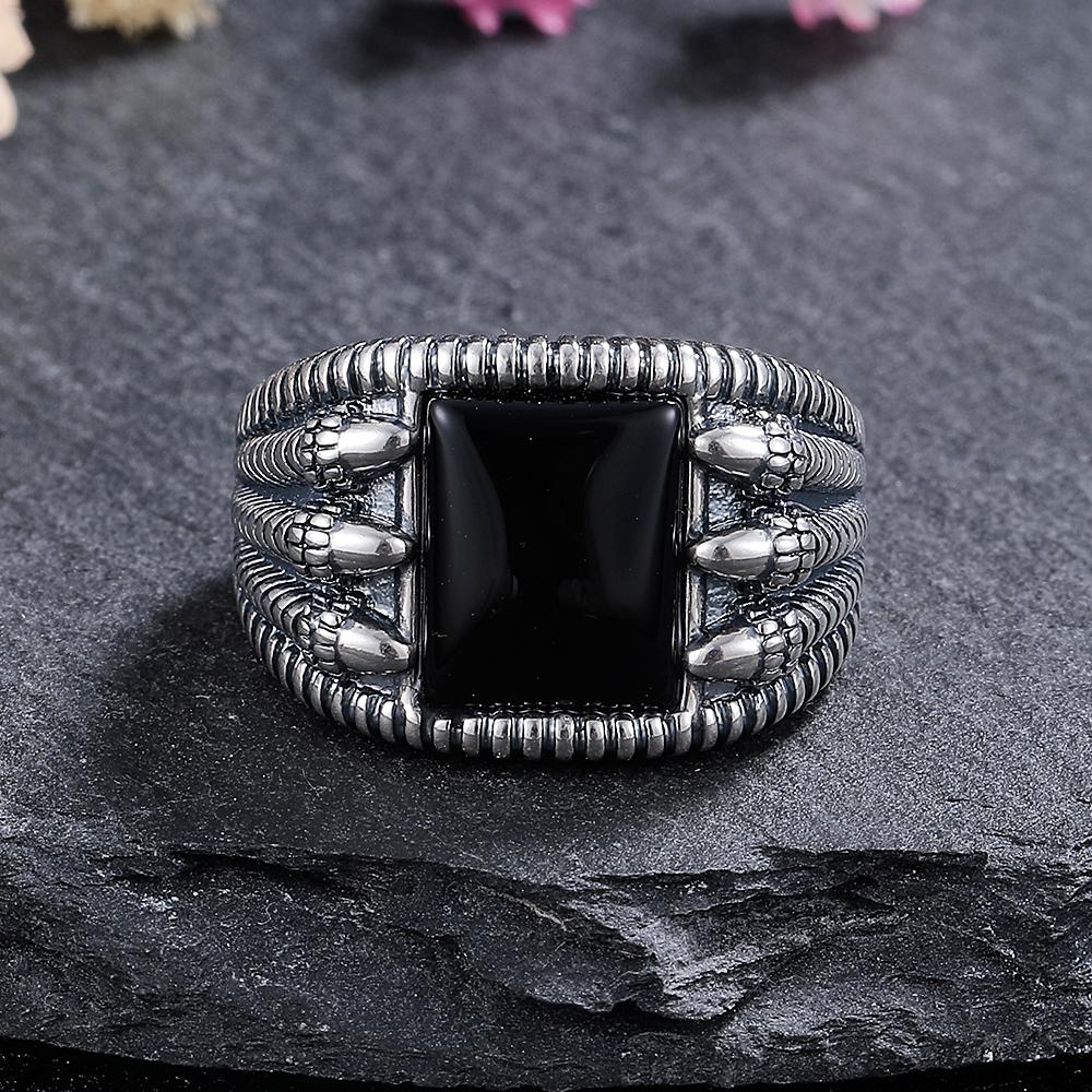 CopperJewelry Ring Natural 8*10mm Square Claw Big Black Agate Stone Vintage Ring for Women Party Gifts