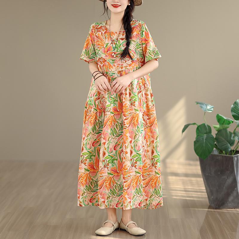 DIMANAF New 2026 Women Plus Size Summer Casual Long Dress Cotton Loose Oversize Floral Print Beach Sundress