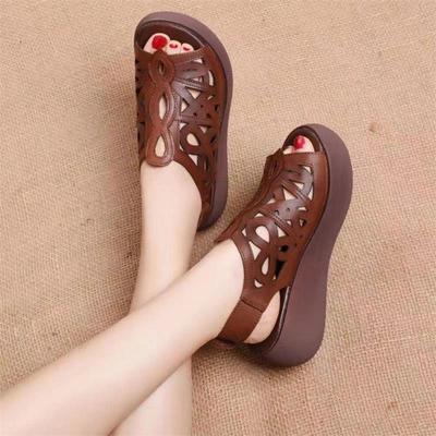 Summer New Retro Hollow Sandals Women's Thick-soled Muffin Mother Fish Mouth Shoes Wedge Heel Ethnic Style Middle-aged and Elderly Women's Shoes