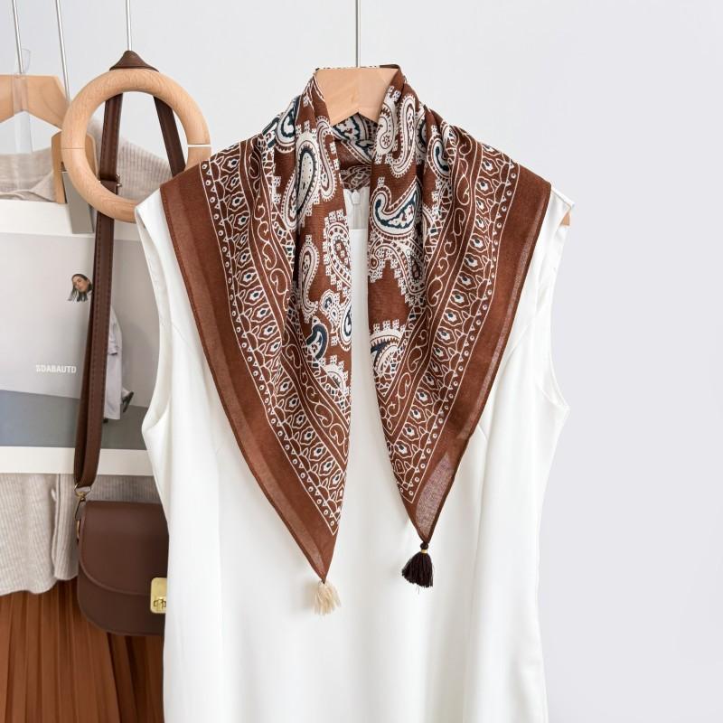 Vintage Cashew Printed Tassel Small Square Scarf For Women Elegant Decorative Neckwear