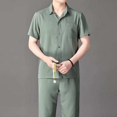 Sommer Kurzarmhemd aus Baumwolle und Leinen für Männer mittleren Alters und ältere Menschen, lässiges Halbarm-Shirt, lockeres Hemd, Papa-Shirt
