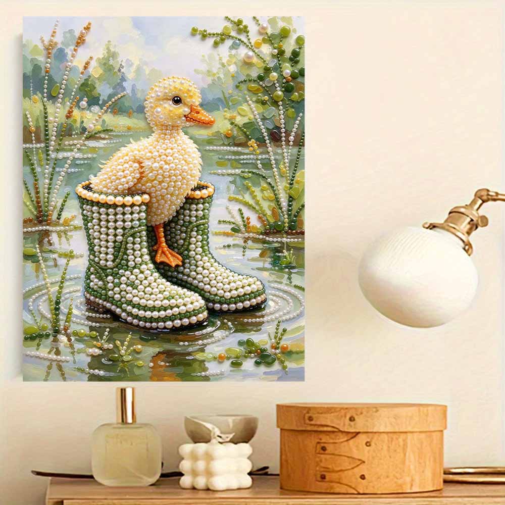 Cute Duck in Rain Boots Pearl Art with Frame 3D Shiny Bead Painting Canvas for Modern Room Decor Relaxing DIY Craft Gift Artistry