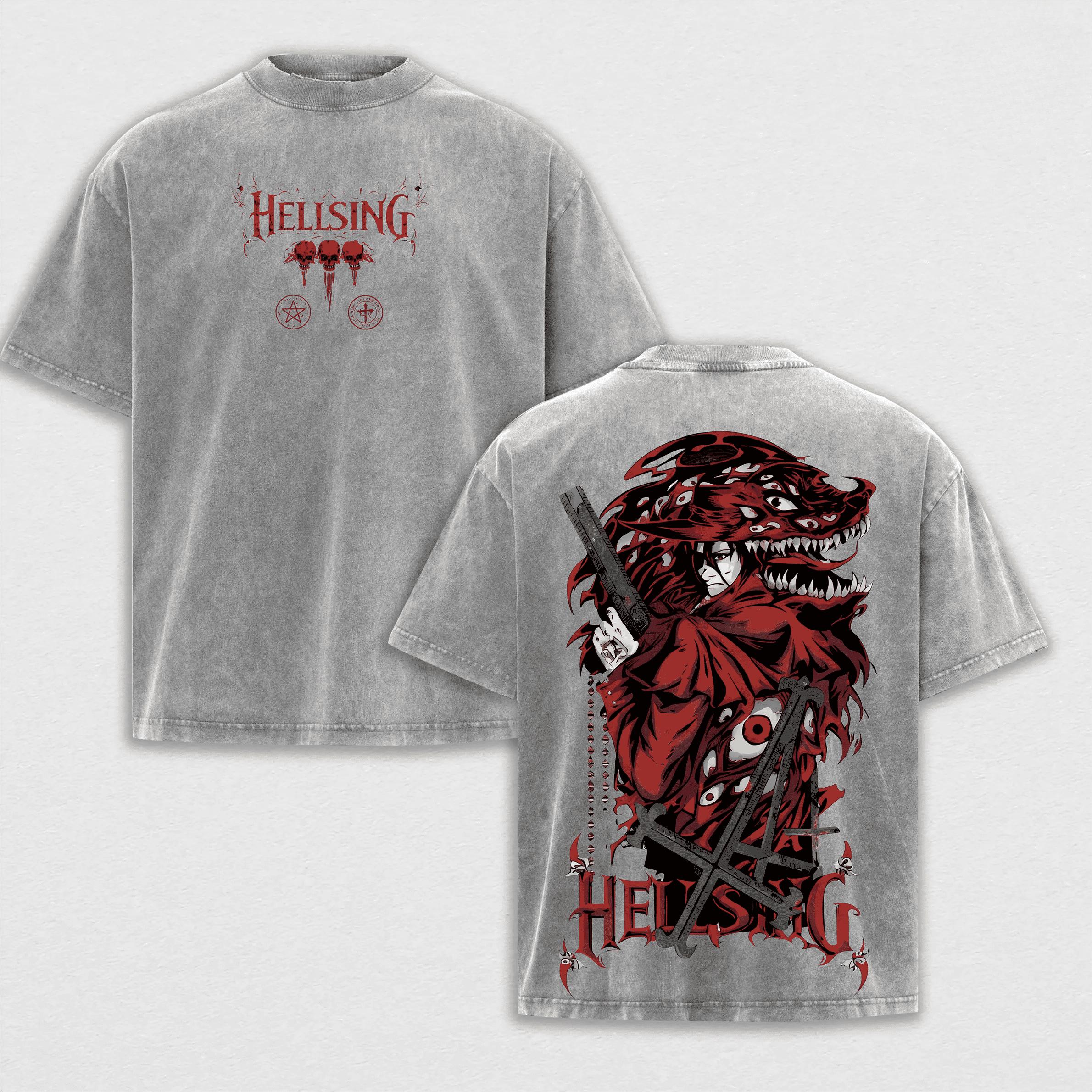 

Japanese Anime Hellsing Tshirt Alucard Vintage Y2k Washed T-shirt For Men s Clothing High Quality Oversized Cotton Tees Tops XXL сірий колір