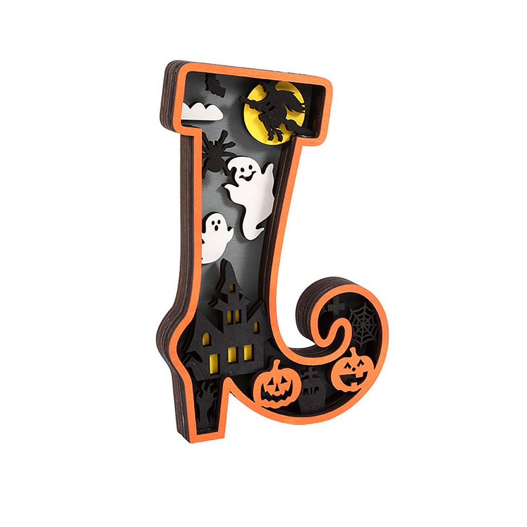 Wooden Halloween Decorative Night Light Sign with 3D Carved Pumpkin Ghost and Haunted House Design for Seasonal Indoor Display