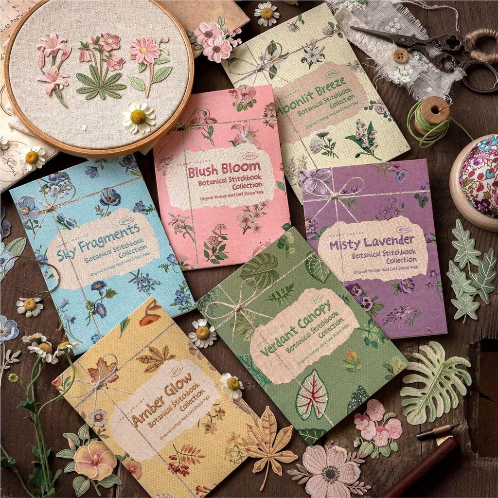 Sugar Poetry Floral Fabric Stickers: Retro Plant Embroidery, DIY Journal & Scenery Collage Pack.