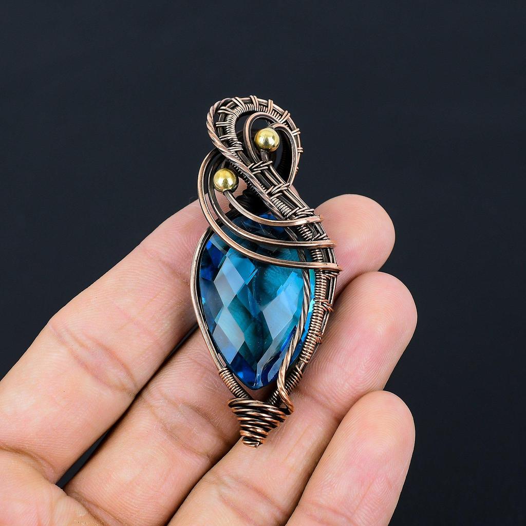 Pietre prețioase de topaz albastru, lucrate manual, bijuterii cu pandantiv învelit cu sârmă de cupru pentru Ziua Memorialului