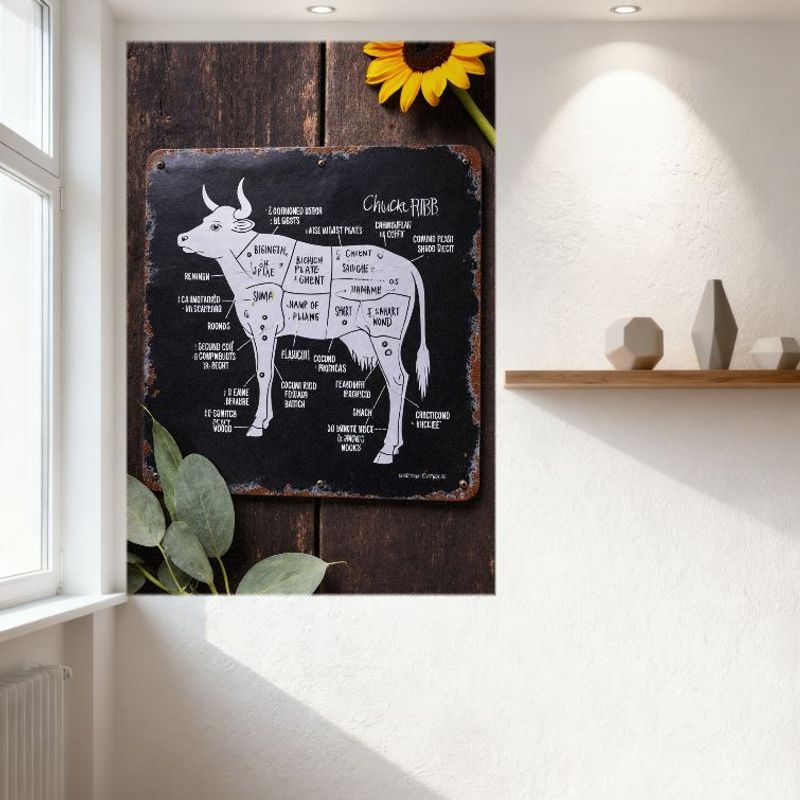Rustic Distressed Cow Anatomy Meat Cuts Metal Tin Sign with Sunflower Eucalyptus for Bar Restaurant Man Cave Home Decor