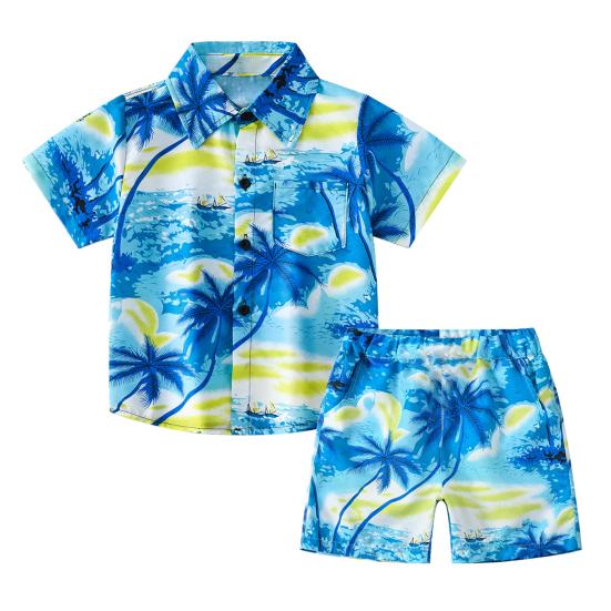 Ensemble Tenue Hawaïenne pour Petit Garçon Chemise à Manches Courtes et Short Motifs Feuilles de Palmier Coucher de Soleil Enfants Bord de Mer Style Noix de Coco Costume Respirant Décontracté Vêtements d'Été pour le Quotidien