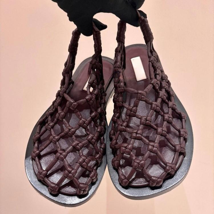 Cowhide version~ mesh hollow breathable sandals fishing net woven bag head back strap half slippers flat Roman sandals