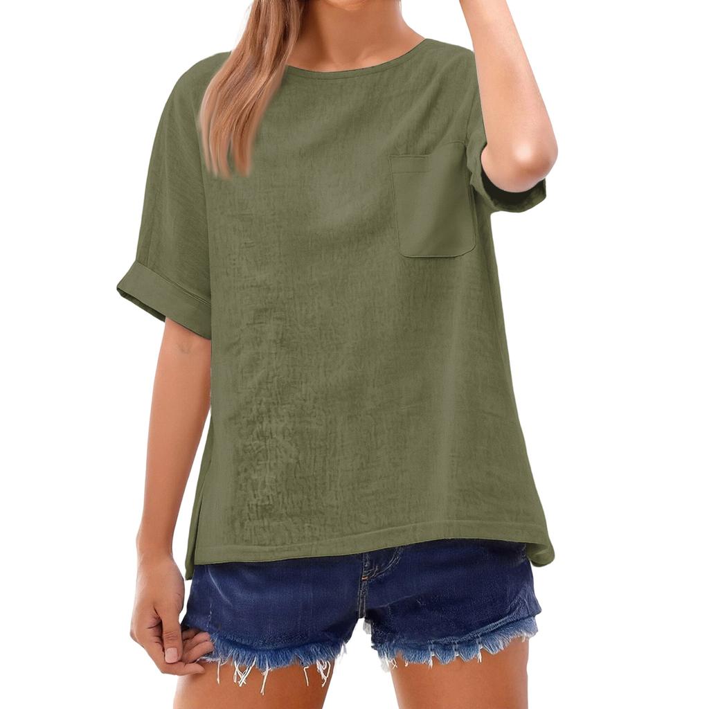 Fashionable Color Short Sleeve T-Shirt With Pocket Design, Fashionable Round Neck Lightweight Top For Women