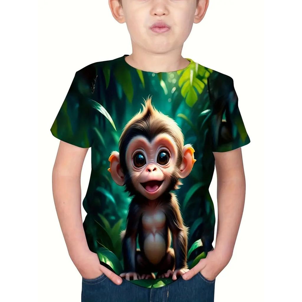 Summer Round Neck Cartoon Animal Pattern 3D Printed Top Fashionable Casual Short Sleeved Children's Boy T-shirts