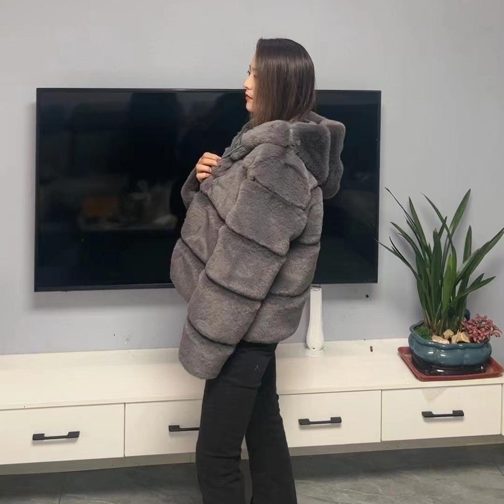 Street style imitation fox fur jacket hooded artificial fur top women's imitation fox fur winter coat