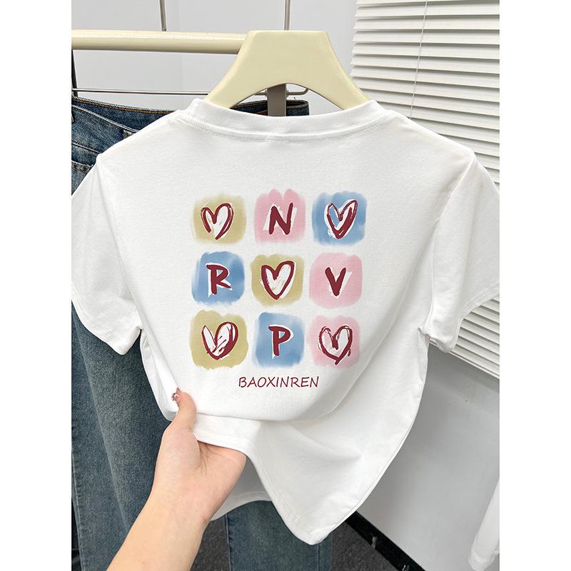 

2024 Summer Women s Korean Heart Print Slim Fit Round Neck T-Shirt 2XL