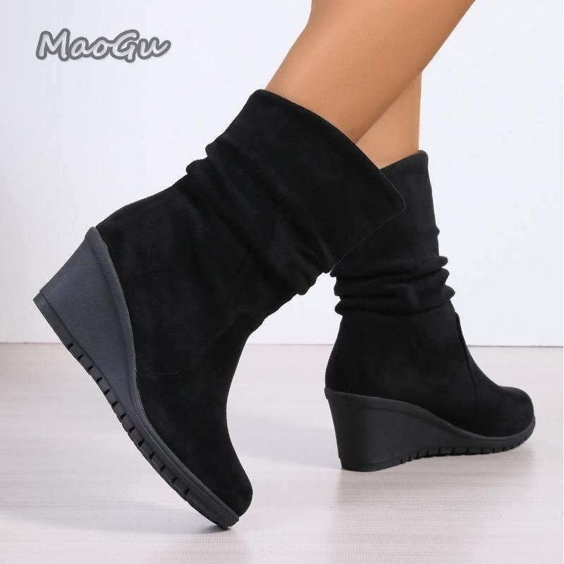 Fashion Women's Round Toe Short Boots Autumn Winter New Leopard Slip-On Ankle Booties Pleated Wedge Botines Para Mujeres Size 35-40