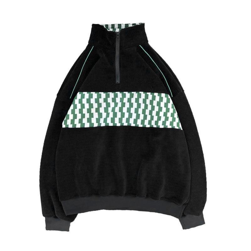 Retro Color Block Waffle Sweatshirt: Men's Half-Zip Polo Jacket for Spring and Autumn.