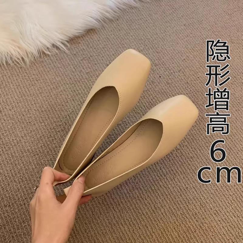 Super soft lambskin~ Small inner height increase of 6cm single shoes women's shallow mouth thick heel square head grandma shoes soft sole Doudou shoes