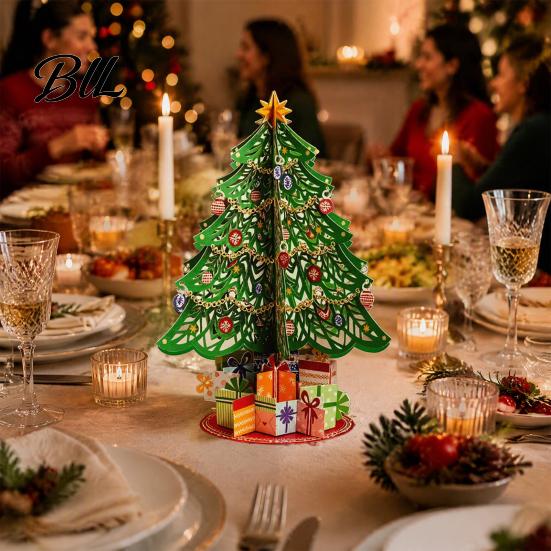 Small Tabletop Holiday Decoration 3D Puzzle Paper Christmas Tree Decoration, Desktop Ornaments Exquisite Scene with Star Topper And Gift Box for Home