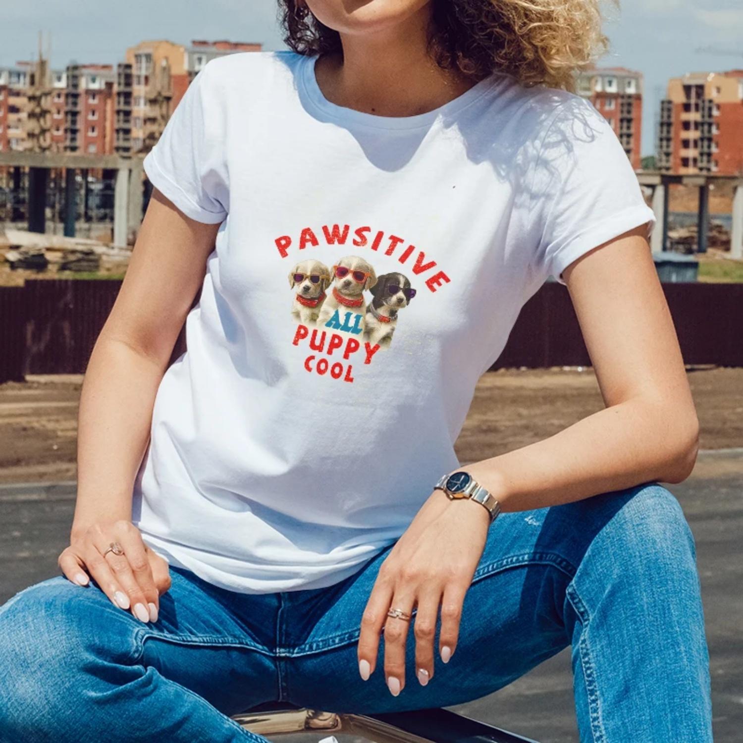 

Dog themed Positive Print for Summer Walks with Pets Short Sleeve T Shirt for Women with a Cheerful Style XXXXXL білий