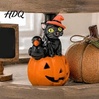 Spooky Home Decor Halloween Cat Pumpkin Figurine Retro Black Stacked Resin Decorations Window Display Ornaments for Table Desk Office Mantel