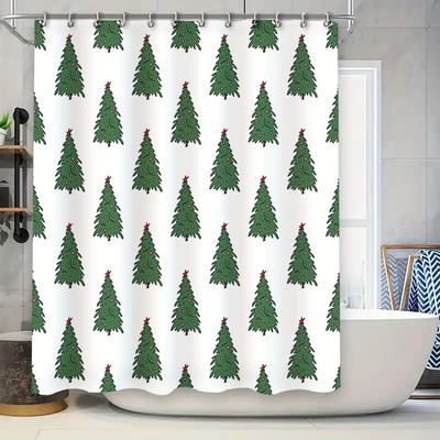Weihnachtsbaum-Duschvorhang mit süßer Illustration Dekor Weiß Wasserdicht Badezimmer Leinen für Heimdekorationsbedarf (Satz von