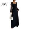 Einfarbiges Outfit Langarm-Kleid mit Blumenspitzenärmeln für Damen, Eckiger Ausschnitt Rüschen A-Linie Partykleid, Schmale Taille Maxi