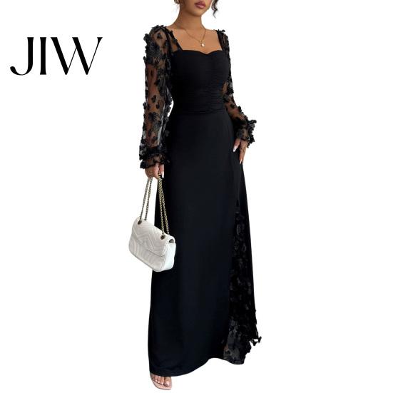 Einfarbiges Outfit Langarm-Kleid mit Blumenspitzenärmeln für Damen, Eckiger Ausschnitt Rüschen A-Linie Partykleid, Schmale Taille Maxi