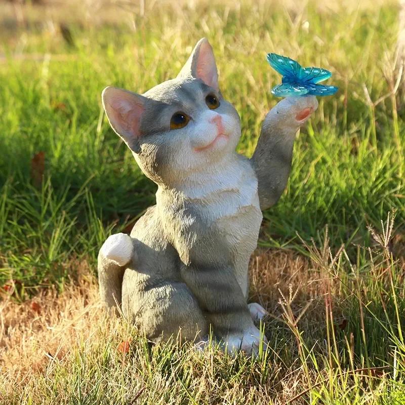 Solar Garden Lawn Animal Sculpture Luminous Resin Yard Cat Art Statue Ornaments Handicraft Home Decor for Room Office Study LS