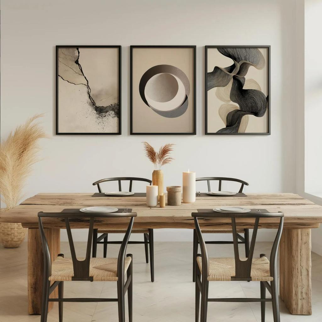 Wabi-Sabi Neutraal Abstract Wandkunst Set, Beige Zwart Geometrisch Organisch Canvas Prints, Minimalistische Woondecoratie & Perfecte Cadeaus