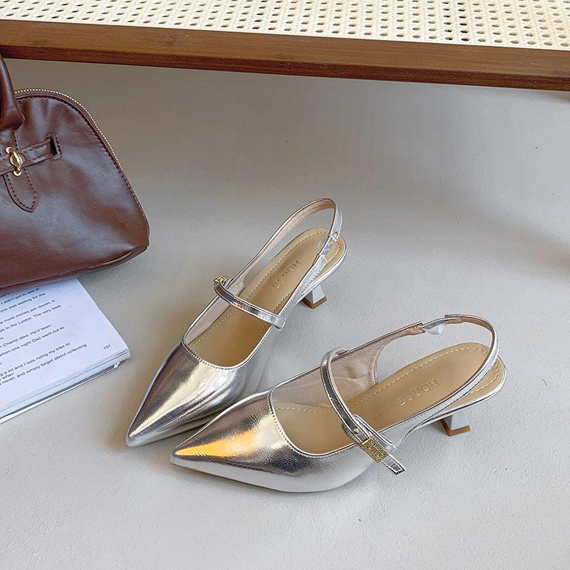 

Women s empty fashion sandals summer new thin heel rear strap buckle pointed women s sandals sexy sandals 40 серебряный