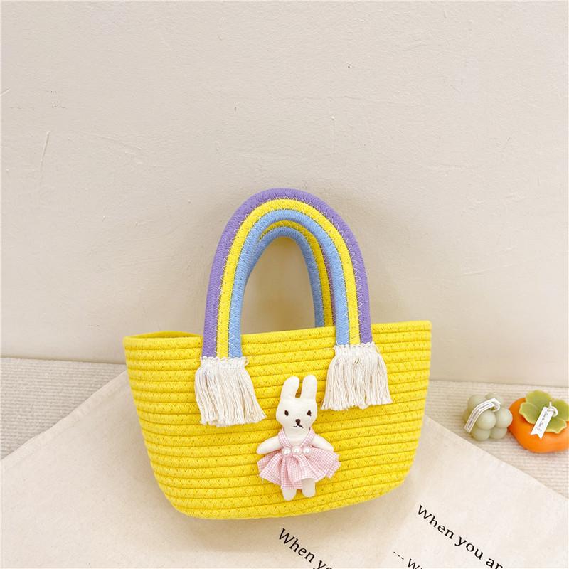 

Lovely Handheld Childrens Cotton Bag Colorful Rainbow Design Perfect For Daily Accessories Yellow Rabbit