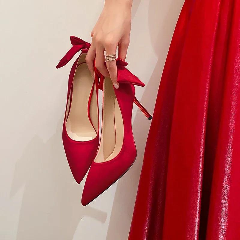 Fashion Bow Strap Fashion Women's Shoes High Heel Fine with Simple Flannelette A Pointy Band High Heels with Single Shoes for Ladies