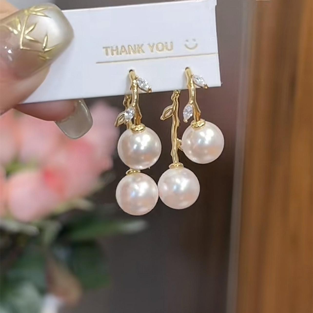 Elegant High-End Zirconia Leaf Pearl Earrings - French Cross Design, 2025 Trendy Luxury Studs