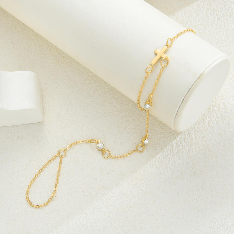 Exquisit Zircon Gold Color Cross Bracelets for Women Ladies Luxury Rings Link Chains Connecting Harness Bracelets Jewelry Gifts