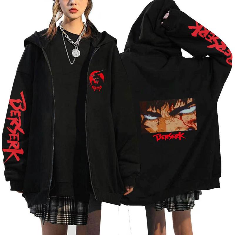 Berserk Anime Hooded Zip-Up Sweatshirt Men Oversized Fleece-Lined Pullover With Drawstring Cap Side Pockets