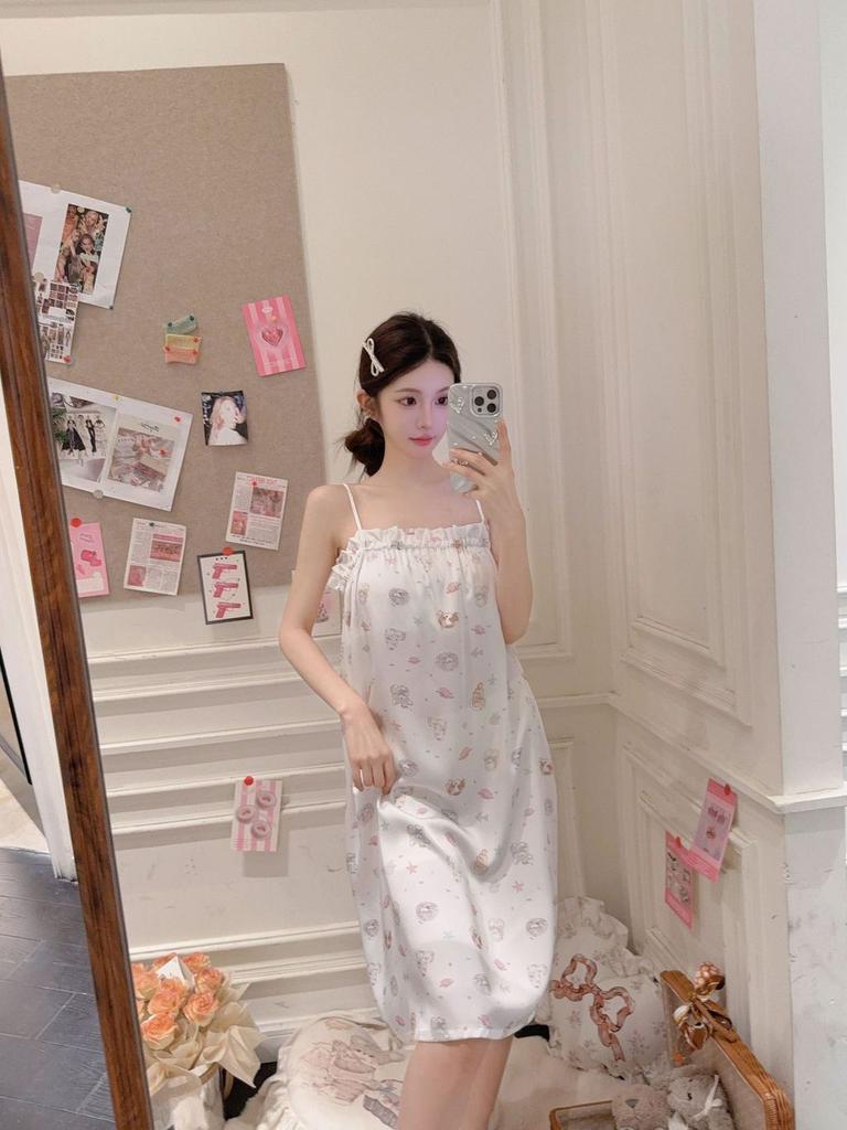 Girl Sleepwear Ice Silk Bear Nightdress Summer Loungewear For Teen Girls
