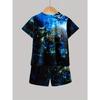 Boys' set, fashionable 3D printed casual pullover, short sleeved shorts, sports  outdoor