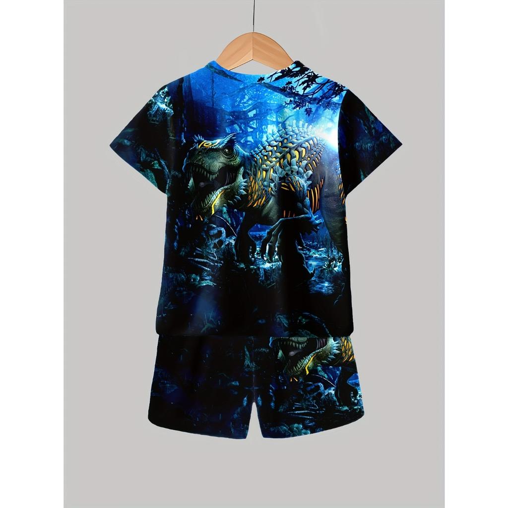 Boys' set, fashionable 3D printed casual pullover, short sleeved shorts, sports  outdoor