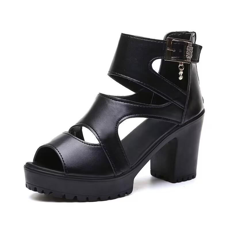 Women Thick Sole Boots Fish Mouth Women's High Heel Hollow Roman Sandals