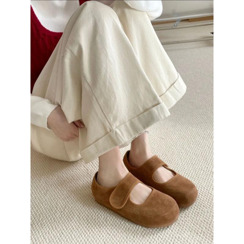 Really Soft Leather~ Spring and Autumn Ugly and Cute Soft-soled Mary Jane Shoes Retro Velcro Velcro Doudou Shoes