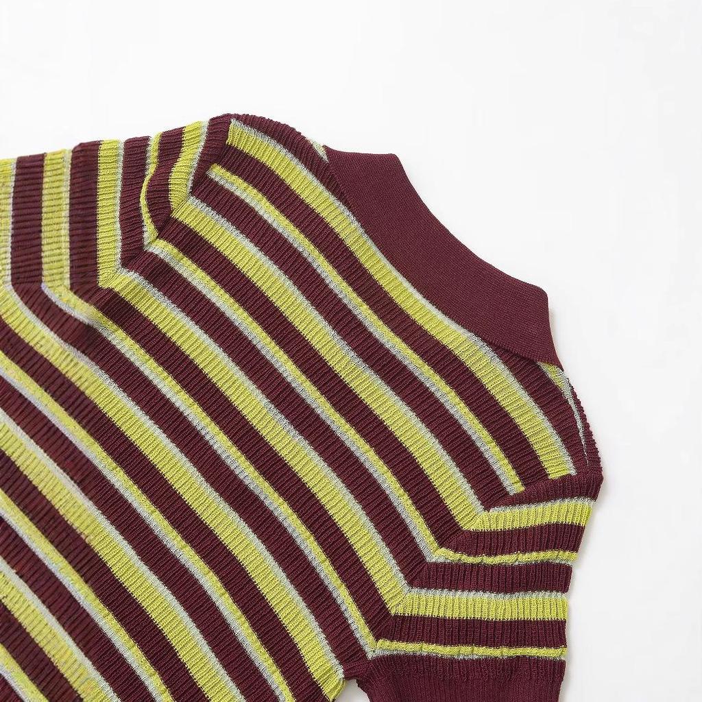 Spring 2025 Women's Striped Polo Collar Short Sleeve Top - European & American Style Fashion.