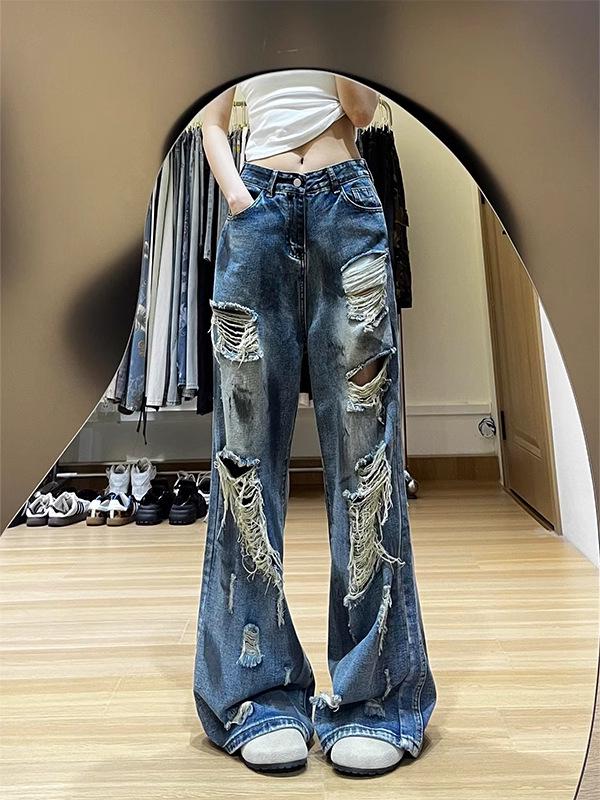 Women's Retro Distressed Loose Straight Ripped Jeans