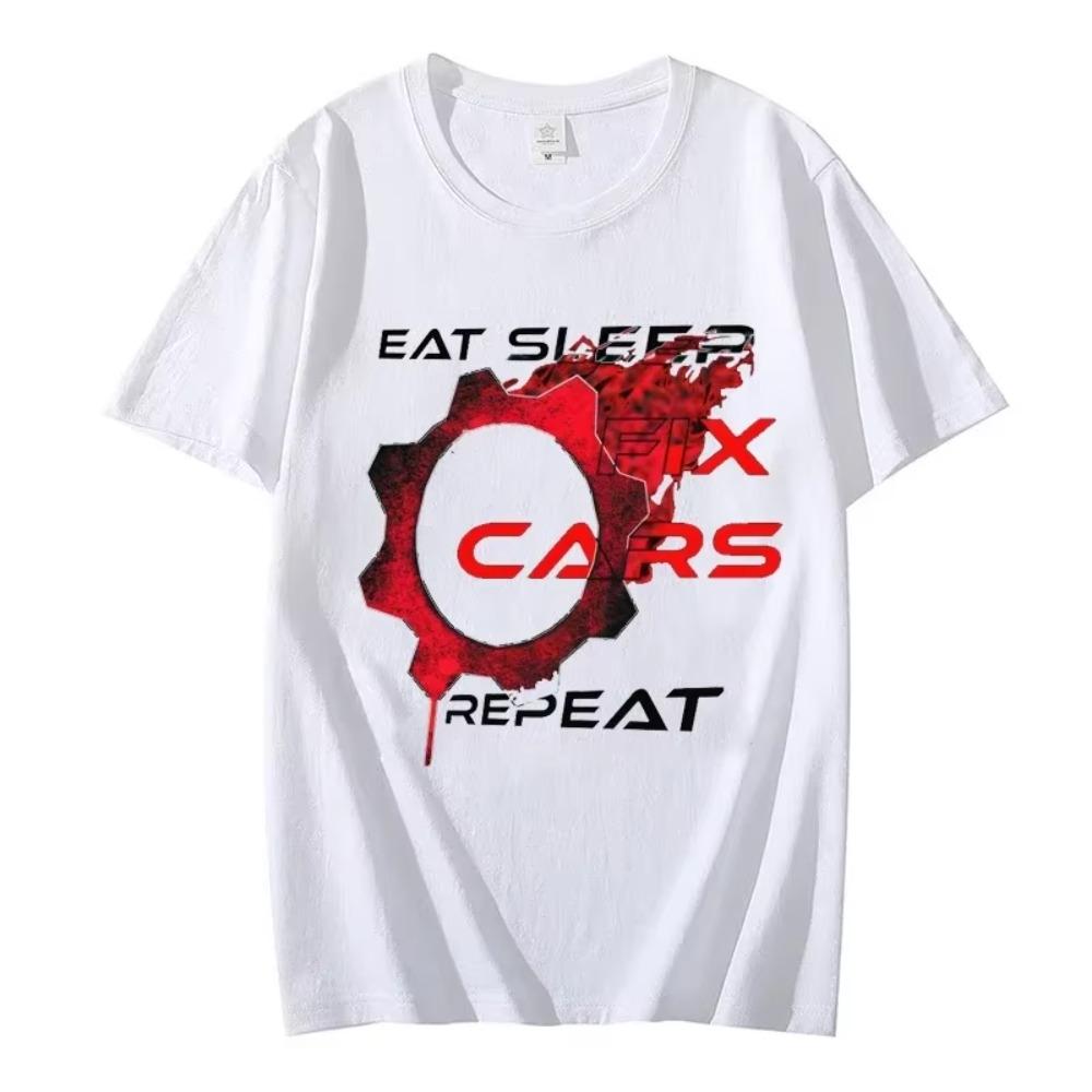 2024 New Trendy Summer Fashion Men T-shirt Funny Car Mechanic Eat Sleep Fix Cars Repeat Print Tops Tshirts Camisas Streetwear