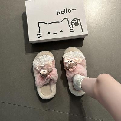 Autumn Cute Cartoon Bear Fluffy Slippers Women's Outer Wear Casual Thick Sole Heightening Plush Flat Bottom One-word Tow Shoes Tide