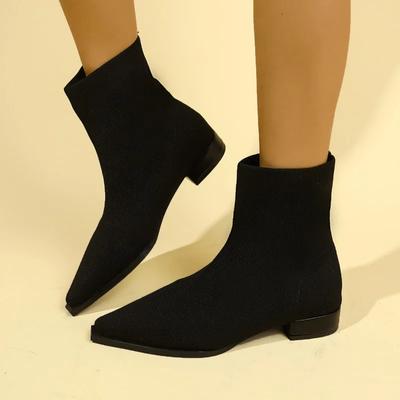 2024 High Quality Shoes Female Knitted Ankle Women's Boots Retro Modern Boots Women Pointed Toe Slip On Med Heel Ladies Shoes